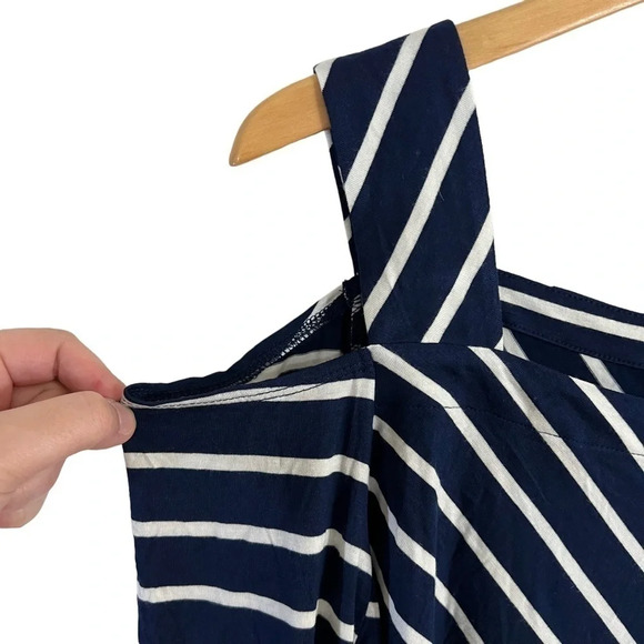 Catherines Blouse 2XW Petites Navy Blue White Stripes Cold Shoulder Stretch Plus - Picture 4 of 8